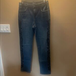 Style & Co. Women's High Rise Blue Jeans with Black Floral Design